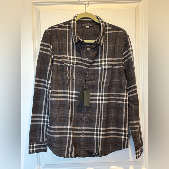 $228 NWT John Varvatos Dale Shirt L Iron Grey Men's Flannel Long Sleeve Cotton